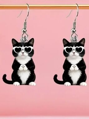 Black & White Cat Heart-Sunglasses Dangle Earrings - Cute Cat Jewelry